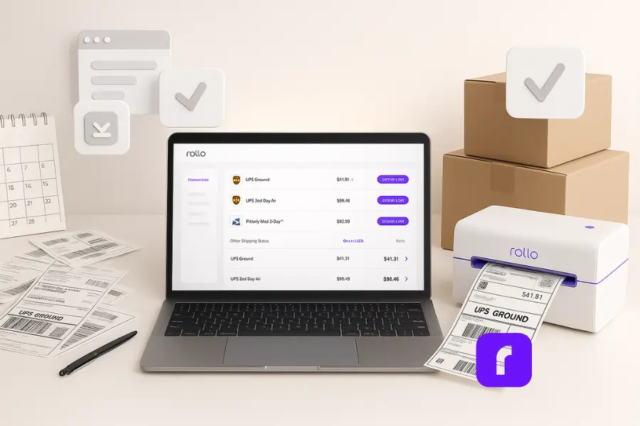 Truth About eCommerce Shipping Software You Need To Know 1 A photorealistic split-screen image of a small business shipping workspace. On the left side, a cluttered manual setup shows scattered shipping labels, a pen, and a wall calendar. On the right side, an efficient automated setup features a Rollo wireless thermal printer actively printing a label, a stack of cardboard boxes, and a laptop displaying shipping rate options and carriers from Rollo Ship. Floating UI icons above the workspace represent streamlined digital processes. The scene is set against a clean, softly lit white background with modern textures and minimalist design.