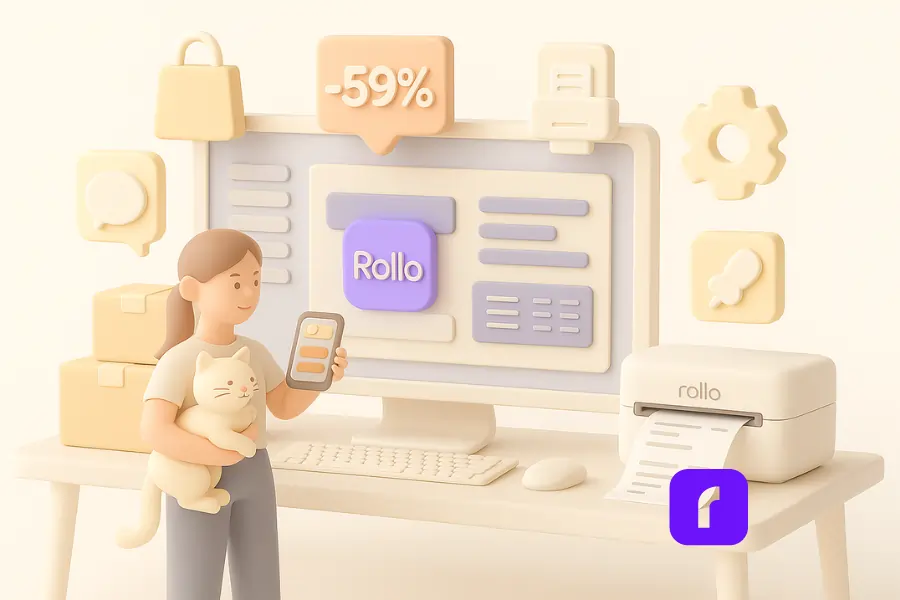 3D illustration of a female small business owner standing in a minimalist workspace holding a smiling cream-colored cat in one arm and a smartphone in the other. Behind her is a large computer monitor displaying the Rollo Ship dashboard, surrounded by floating icons representing store integrations, discounted shipping rates, automation tools, thermal printer support, and live support. A Rollo Wireless Printer sits on the desk printing shipping labels, while cardboard boxes are stacked neatly nearby. The scene conveys calm productivity and centralized shipping management.