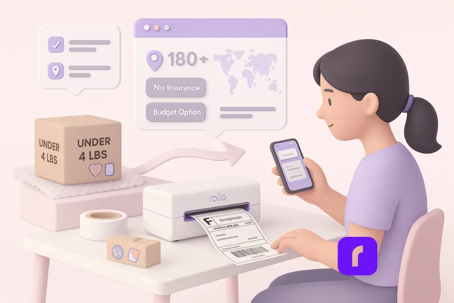 Sellers’ Guide to USPS First Class Package International® 1 3D illustration of a small eCommerce seller preparing a lightweight international shipment using USPS First Class Package International. The seller sits at a minimalist desk with a Rollo Wireless Printer printing a shipping label. Nearby are a package labeled "UNDER 4 LBS," bubble wrap, packing tape, and product icons like enamel pins. Floating UI panels display a tracking log, a map showing 180+ destination countries, and a tag labeled “No Insurance / Budget Option.” The scene is rendered in soft pastels with a clean, modern style.