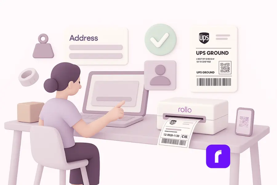 A clean, minimalist 3D illustration showing a woman at a pastel-toned desk using Rollo Ship to create a shipping label for UPS. The scene includes a laptop with address entry fields, a Rollo Wireless Printer printing a 4×6 UPS Ground label, and floating icons representing package weight, dimensions, and recipient information—all set in a soft, modern workspace.