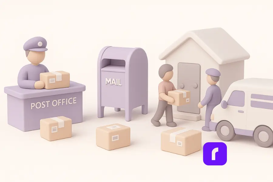 Sellers’ Guide to USPS First Class Package International® 10 A minimalist 3D-rendered digital illustration showing three USPS drop-off methods: a customer handing packages to a clerk at a post office counter, a prepaid package being placed in a blue street mailbox, and a mail carrier walking up to a house as an online seller waits at the door with a package for scheduled pickup. The scene uses soft pastel colors and clean, stylized shapes to represent modern eCommerce shipping options.