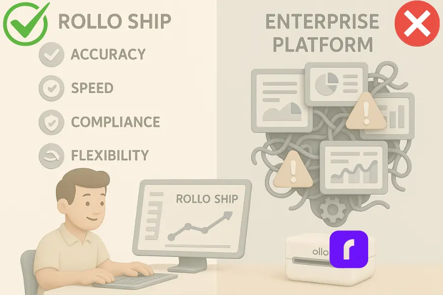 The Surprising Way to Manage Shipping Documents for Free 5 A split-screen 3D-style illustration comparing Rollo Ship with an enterprise platform. The left side shows a smiling small business owner using Rollo Ship on a computer, with icons representing accuracy, speed, compliance, and flexibility. The right side depicts a chaotic, tangled mess of graphs, charts, and warning symbols to illustrate the complexity of an enterprise platform. The Rollo Ship side uses soft pastel tones, while the enterprise side features muted, cluttered visuals for contrast