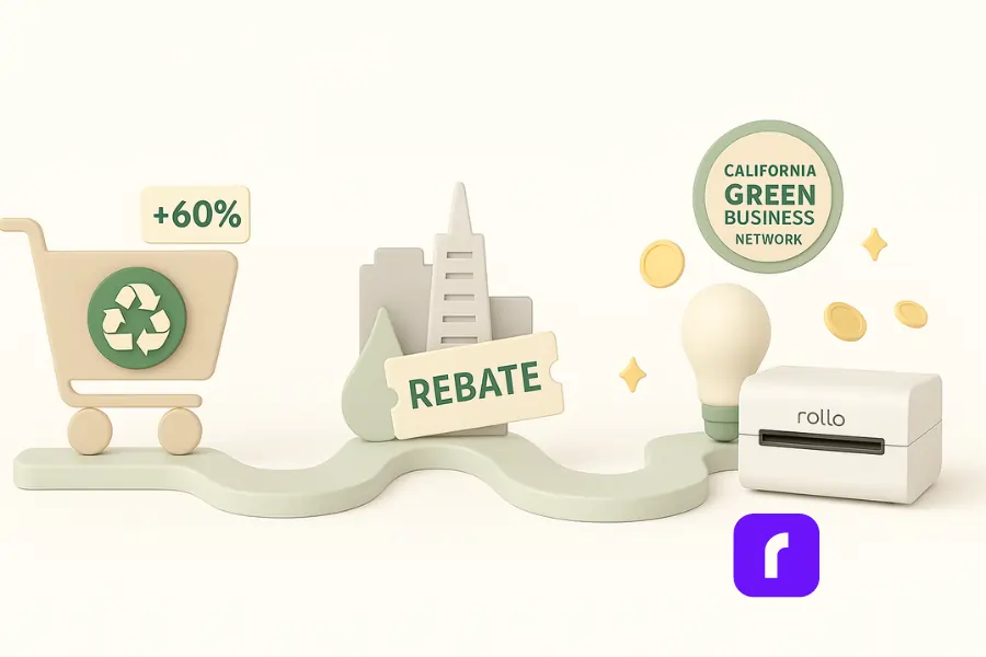 Minimalist 3D illustration featuring three eco‑benefit icons for SMBs: a beige shopping cart with a green recycling badge and “+60%” label on the left, a city skyline with a rebate ticket in the center, and a white‑and‑purple Rollo wireless printer beside an LED bulb and falling coins on the right—beneath a California Green Business Network badge—all connected by a soft pastel green pathway.