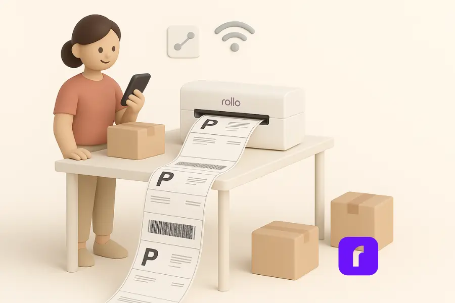 A minimalist 3D illustration showing a solo online seller using a smartphone to wirelessly bulk-print shipping labels with a Rollo wireless printer. The seller stands at a clean, modern workspace with soft pastel colors. The Rollo printer, placed on the right side of the desk, is actively printing a long stream of 4×6 shipping labels that cascade toward the floor. Stylized cardboard parcels are neatly arranged nearby, and subtle icons above the printer suggest wireless connectivity and automation. The scene conveys simplicity, efficiency, and the power of Rollo Ship for fast label printing.