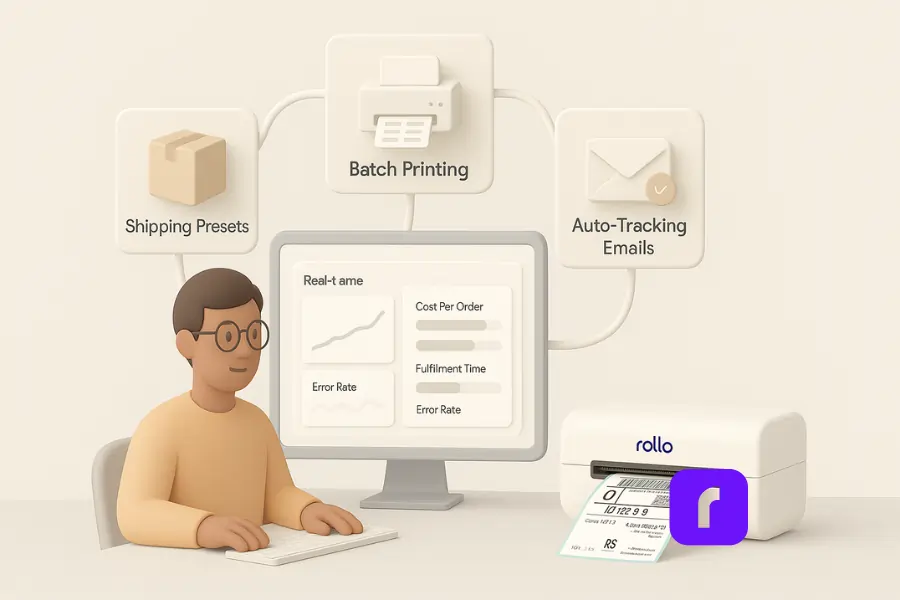 A minimalist 3D illustration of a fulfillment control center featuring an online seller at a desk using Rollo Ship. The seller is surrounded by floating icons labeled “Shipping Presets,” “Batch Printing,” and “Auto-Tracking Emails,” all connected by curved lines to a central computer monitor displaying real-time fulfillment metrics such as cost per order, fulfillment time, and error rate. A Rollo wireless label printer is positioned beside the monitor, actively printing a shipping label. The color palette is soft and pastel, with clean geometric shapes and smooth surfaces.