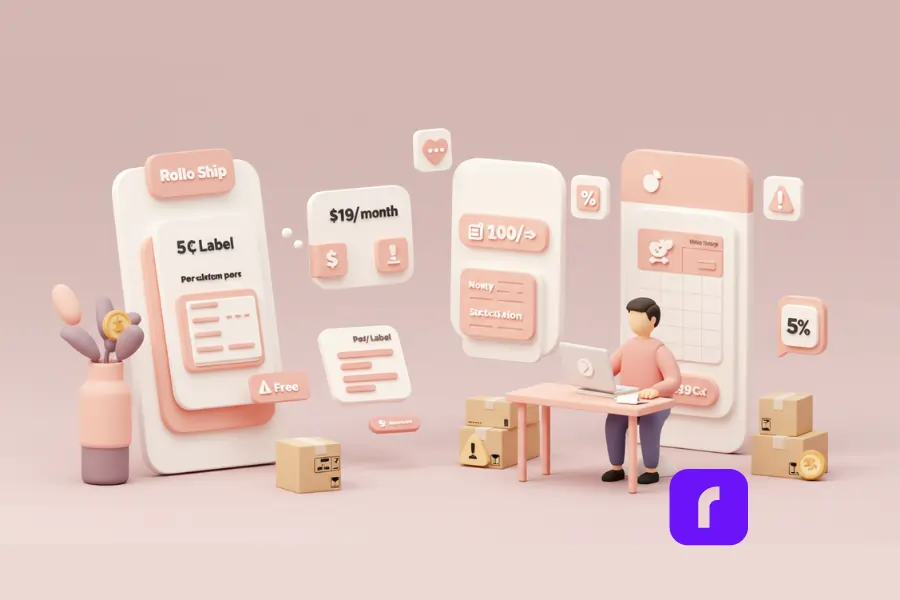 Is Rollo Ship the Best Free Shipping Software for You? 3 3D clay-style illustration comparing pricing models for shipping software, featuring a seller at a desk surrounded by large floating panels for Rollo Ship, ShipStation, and other platforms. The panels display cost types like “5¢ per label,” “$19/month,” and percentage markups, visually representing the hidden fees and pricing transparency of various free shipping software options.