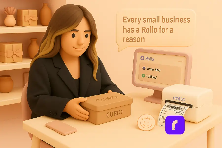 Is Rollo Ship the Best Free Shipping Software for You? 8 3D clay-style illustration of a female eCommerce seller with highlighted wavy hair using her phone at a minimalist workspace, surrounded by product boxes and a Rollo wireless printer printing a shipping label. Floating UI panels show order tracking and shipping rates, illustrating seamless, multi-channel order fulfillment using Rollo Ship.