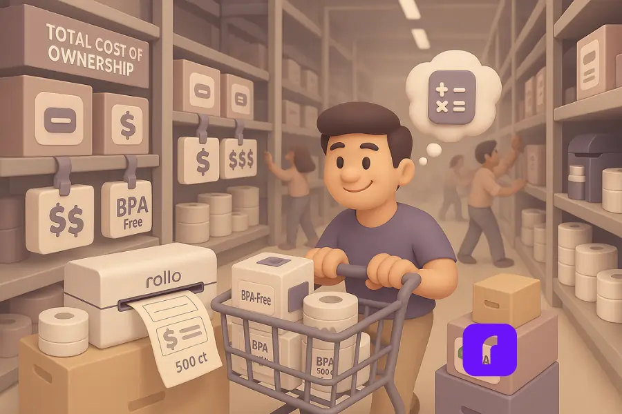 A 3D-rendered digital illustration of a cheerful online seller in a warehouse-style store dedicated to thermal label printers. The seller pushes a cart containing a Rollo Wireless Printer, BPA-free label rolls, and open-format supplies. Surrounding shelves are stacked with printer boxes and label rolls, each marked with dollar sign tags ($, $$, $$$) instead of prices. A floating thought bubble above the seller shows a calculator icon, representing cost-conscious decision-making. A “Total Cost of Ownership” aisle sign adds subtle context. The scene is styled with soft pastels and smooth, rounded shapes.