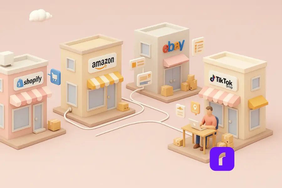 Is Rollo Ship the Best Free Shipping Software for You? 4 3D clay-style illustration of four storefronts—Shopify, Amazon, eBay, and TikTok Shop—lined up along a pastel-colored street, each connected by a white cable to a business owner working on a laptop. The scene visually represents multi-channel eCommerce integration using free shipping software, with parcels and digital elements symbolizing order syncing and centralized fulfillment.