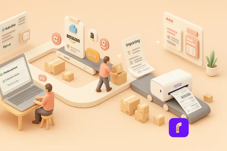 Is Rollo Ship the Best Free Shipping Software for You? 5 3D clay-style illustration showing a step-by-step Rollo Ship workflow: a seller signs up on a laptop displaying the Rollo Ship dashboard, connects to sales channels like Amazon and Shopify, imports orders, and prints shipping labels using a Rollo wireless printer. The scene is laid out along a smooth conveyor path with pastel tones and stylized icons representing streamlined eCommerce fulfillment.