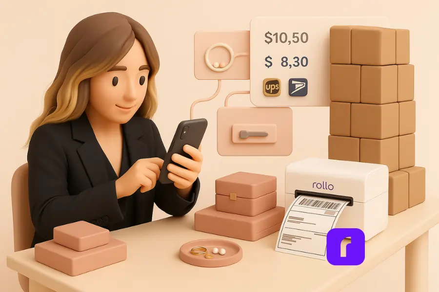 Is Rollo Ship the Best Free Shipping Software for You? 7 3D clay-style illustration of a female small business owner with highlighted wavy hair wearing an oversized black suit, sitting at a minimalist desk using her smartphone. A white Rollo wireless printer prints a shipping label beside her, surrounded by stacked shipping boxes, jewelry packaging, and floating interface panels showing rate comparisons and carrier icons (UPS and USPS). The scene is styled in soft pastel tones, evoking a calm, tech-savvy workspace.
