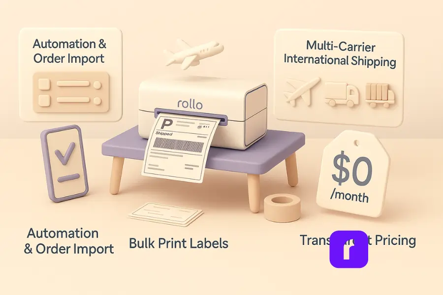 3D-rendered digital illustration highlighting four essential features of a modern shipping website for small businesses. The scene features a Rollo Wireless Printer on a lavender table actively printing a thermal shipping label. Floating UI panels display:
– "Automation & Order Import" with a simplified order panel,
– "Bulk Print Labels" with stacked shipping labels,
– "Multi-Carrier International Shipping" represented by icons of a plane, delivery truck, and shipping container,
– "Transparent Pricing" shown with a clean "$0/month" price tag.
The composition uses soft pastel colors and a minimalist style to convey clarity, efficiency, and ease of use.