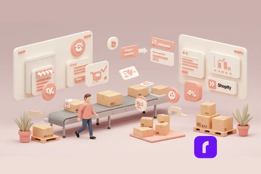 Is Rollo Ship the Best Free Shipping Software for You? 2 3D clay-style illustration of a shipping fulfillment scene with a character managing packages on a conveyor belt, surrounded by floating UI panels showing shipping rates, discounts, Shopify integration, and analytics. The visual represents how free shipping software automates workflows, reduces costs, and streamlines order processing for growing eCommerce businesses.