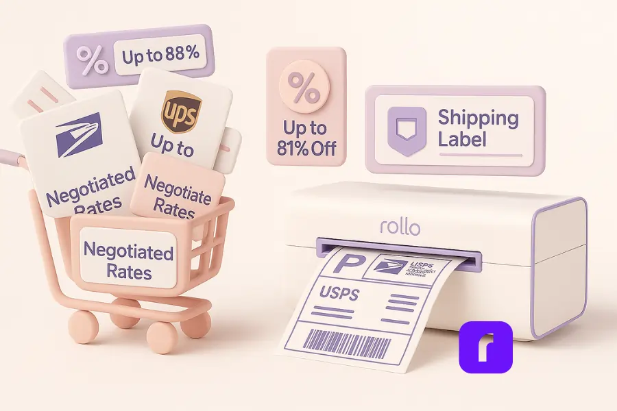 3D illustration of a pastel shopping cart filled with floating shipping label icons featuring USPS and UPS logos, each tagged with “Negotiated Rates” and discount offers like “Up to 88% Off” and “Up to 81% Off.” The cart is labeled “Negotiated Rates.” Beside it, a Rollo wireless printer prints a USPS shipping label, with floating UI panels showing a discount badge and a “Shipping Label” icon. The clean, minimalist design uses soft lavender, blush pink, and taupe to highlight cost-saving features of smart shipping label software.
