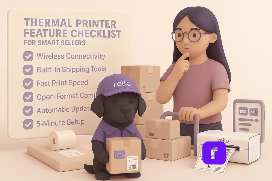A 3D-rendered digital illustration shows an Asian American woman reviewing a floating thermal printer feature checklist beside a stack of shipping boxes and a Rollo Wireless Printer printing a label. Next to her, a black dog dressed in a purple Rollo cap and shirt holds a labeled package. The scene is styled in soft pastel tones with clean, minimalist design, highlighting key features like wireless connectivity, fast print speed, and automatic updates.