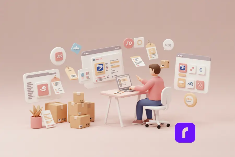 Is Rollo Ship the Best Free Shipping Software for You? 1 3D clay-style illustration of a seller using free shipping software at a desk, surrounded by floating icons for USPS, UPS, Shopify, and marketplace platforms. The scene features shipping boxes, digital panels, and automation symbols, visually representing how free shipping software like Rollo Ship streamlines multi-carrier order fulfillment for online sellers.