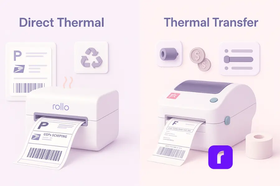 A minimalist 3D illustration comparing Direct Thermal and Thermal Transfer label printing. The left side shows a Rollo Wireless Thermal Label Printer emitting a shipping label with heatwave lines and eco-friendly icons, representing the Direct Thermal method. The right side displays a Thermal Transfer printer with a ribbon reel and currency icons, symbolizing added material cost and complexity. Both sides include floating UI panels with pastel tones and clean, rounded design elements.