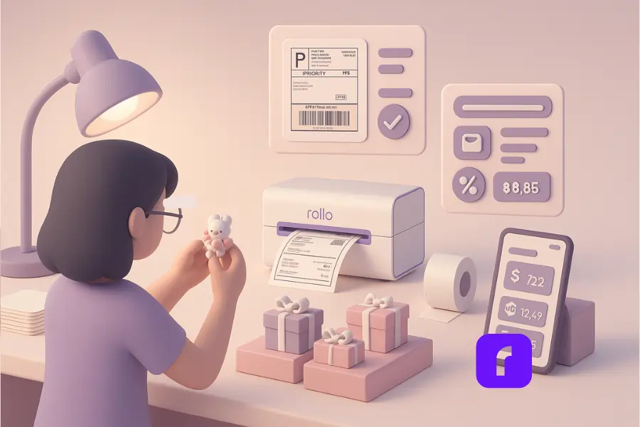 A 3D-rendered digital illustration in soft pastel tones shows a handmade charm seller working at a cozy home shipping station. The seller, wearing glasses and a lavender shirt, holds a small white teddy bear charm with a pink bow while seated at a minimalist desk. A Rollo Wireless Label Printer actively prints a shipping label, surrounded by stacked gift boxes, thermal labels, and a smartphone displaying shipping rates for USPS and UPS. Floating UI panels above the desk show label previews, shipping details, and cost breakdowns, emphasizing an efficient and organized e-commerce setup.