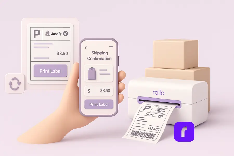 A minimalist 3D illustration of mobile-first label printing for e-commerce. A hand holds a smartphone showing a shipping confirmation and "Print Label" button. Beside it, a Rollo Wireless Printer is mid-print with a shipping label, and stacked packages are nearby. Floating UI panels display label details and Shopify and TikTok Shop icons. The scene uses soft pastel colors and smooth, rounded shapes in a clean, modern layout.