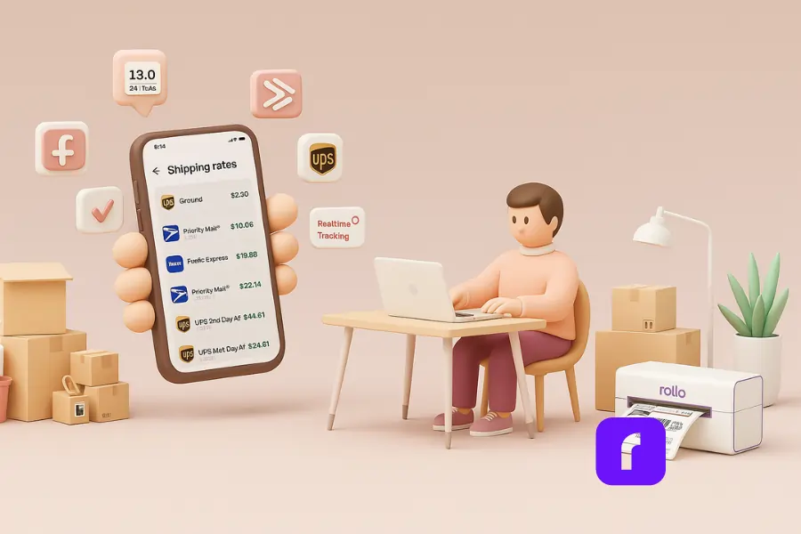 Is Rollo Ship the Best Free Shipping Software for You? 6 3D clay-style illustration of a small business owner using the Rollo Ship mobile app, with a smartphone displaying real-time shipping rates from UPS, USPS, and FedEx. The character is seated at a desk next to a wireless Rollo printer actively printing a shipping label. The scene includes cardboard boxes, floating app icons, and a soft pastel background, representing mobile-powered eCommerce fulfillment.