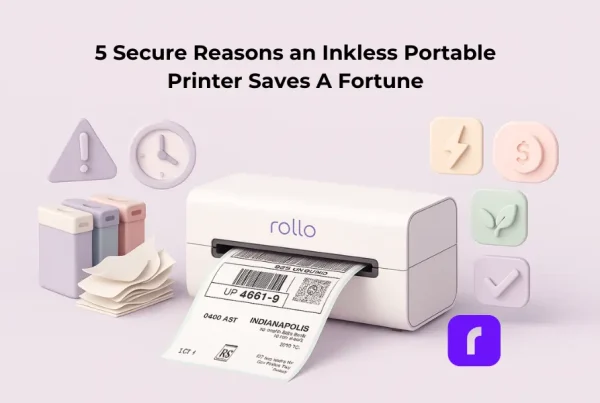 Minimalist 3D digital illustration of a Rollo Wireless Printer printing crisp labels, contrasted with chaotic ink cartridges and paper jams on one side, and pastel icons for speed, savings, eco-friendly, and reliability on the other. Clean, modern design with soft pastel tones and balanced composition, used as a featured blog image on why inkless portable printers save money and stress.