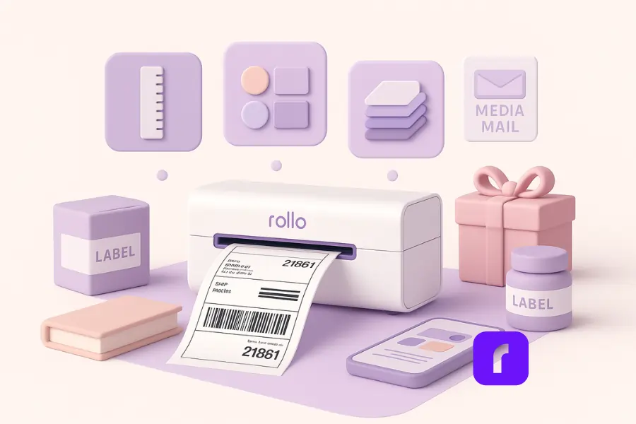 Print Custom Labels For Stunning New Packaging 5 A minimalist 3D illustration of a Rollo Wireless Printer on a clean desk printing a custom shipping label, surrounded by floating pastel-colored UI panels showing cost-saving icons like a ruler, color palette, stacked sheets, and a clock. Small packaging items including a book, cosmetic jar, and gift box sit nearby, with a subtle USPS Media Mail icon in the background, symbolizing cost considerations for custom label printing.