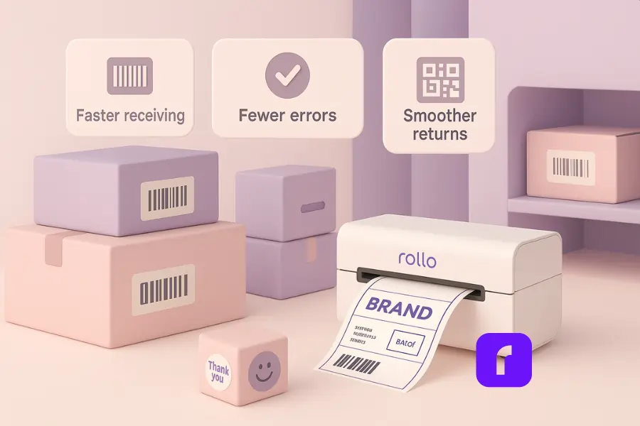 Print Custom Labels For Stunning New Packaging 6 Minimalist 3D illustration of a modern warehouse with pastel-colored stacked boxes labeled with barcodes and SKUs, a Rollo Wireless Printer printing branded labels, and floating UI panels highlighting faster receiving, reduced packing errors, and smoother returns. A small customer package with a personal sticker represents memorable unboxing experiences.