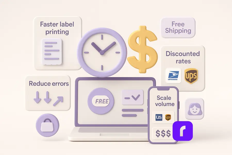 3D illustration of a time and money savings dashboard for shipping software, featuring a pastel clock and dollar sign at the center, surrounded by floating panels for faster label printing, discounted USPS and UPS rates, error reduction, and scaling order volume. Additional icons include a 'Free Shipping' badge, happy shopper symbol, laptop, and phone screen to emphasize ROI benefits and customer impact.