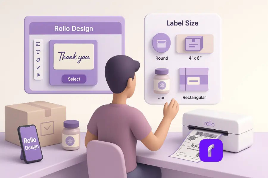Print Custom Labels For Stunning New Packaging 4 3D illustration of a small business owner at a pastel desk using the Rollo Wireless Printer and Rollo Design App dashboard to choose the right label size and format for custom packaging. Floating UI panels display options for round, rectangular, and band labels with sample cosmetic jars, pouches, and boxes.