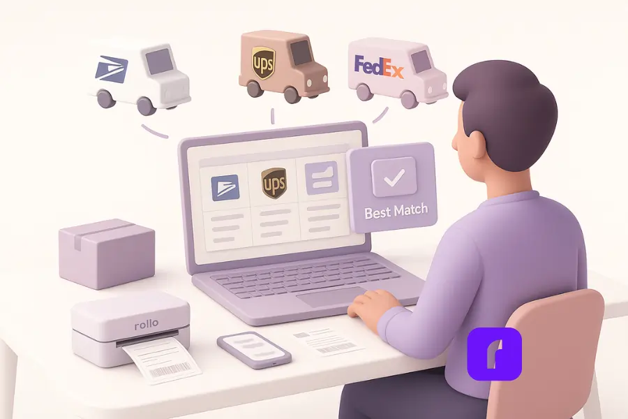 10 Ecommerce Shipping Mistakes You Need To Avoid Right Now 1 Small business owner comparing carriers on a laptop to optimize ecommerce shipping, with delivery trucks and shipping icons in the background.