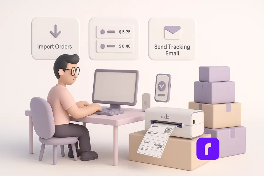 10 Ecommerce Shipping Mistakes You Need To Avoid Right Now 10 Minimalist 3D pastel illustration of a small business desk where a Rollo Wireless Printer automatically prints shipping labels. Floating UI panels show order imports, carrier rate comparisons, and tracking emails. Neatly stacked lavender and beige packages symbolize streamlined, automated eCommerce shipping workflows replacing slow manual processes.
