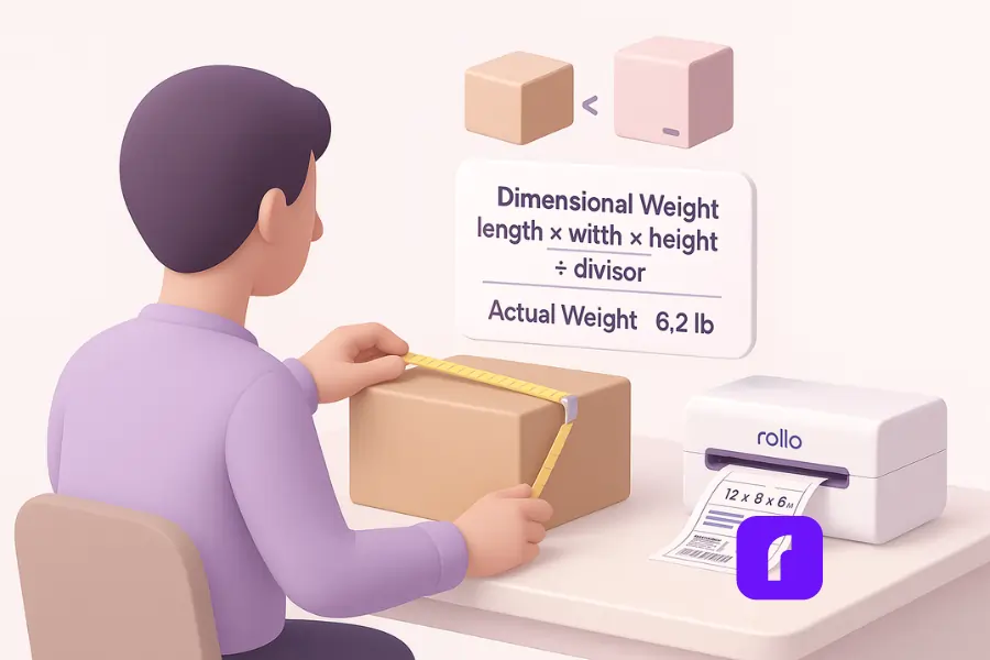 10 Ecommerce Shipping Mistakes You Need To Avoid Right Now 2 Small business owner measuring a shipping box to calculate dimensional weight for ecommerce shipping, with a Rollo printer and package size comparison UI in the background.