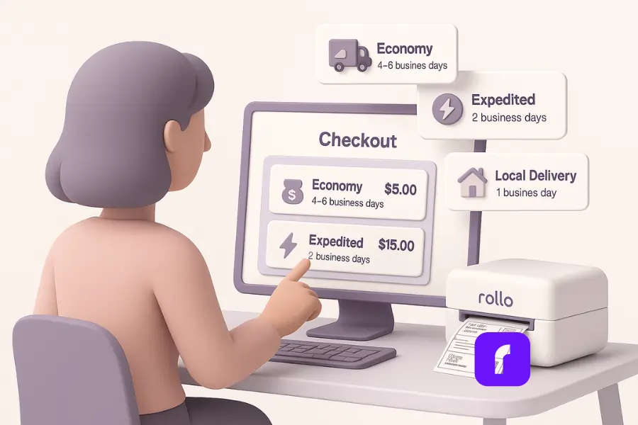 10 Ecommerce Shipping Mistakes You Need To Avoid Right Now 3 Minimalist 3D illustration of a person selecting from multiple ecommerce shipping options on a stylized dashboard, featuring icons for delivery truck, lightning bolt for expedited shipping, and house for local delivery, in soft pastel colors with Rollo logo.