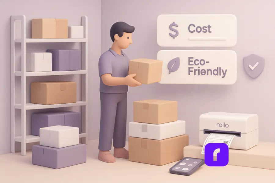 10 Ecommerce Shipping Mistakes You Need To Avoid Right Now 5 Minimalist 3D illustration of a person selecting from multiple ecommerce shipping options on a stylized dashboard, featuring icons for delivery truck, lightning bolt for expedited shipping, and house for local delivery, in soft pastel colors with Rollo logo.