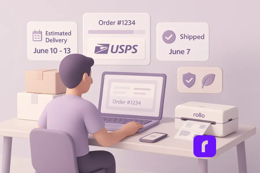 10 Ecommerce Shipping Mistakes You Need To Avoid Right Now 6 Minimalist 3D illustration of a small business owner at a desk using a laptop to manage ecommerce shipping orders. Floating panels display estimated delivery dates, carrier details, and branded tracking updates, with a Rollo Wireless Printer logo in the corner. Soft pastel colors in white, lavender, and blush create a clean, modern workspace scene.