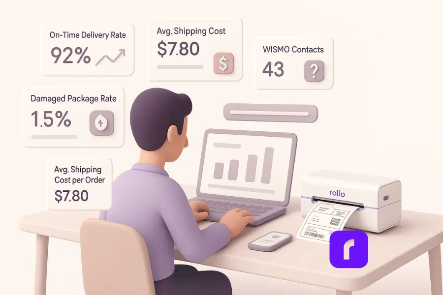 10 Ecommerce Shipping Mistakes You Need To Avoid Right Now 7 3D illustration of a small business owner analyzing ecommerce shipping performance metrics on a laptop, with floating dashboard panels showing delivery rates, costs, and order tracking, alongside a Rollo Wireless Printer in a pastel-colored workspace.