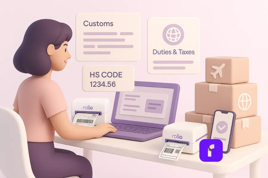 10 Ecommerce Shipping Mistakes You Need To Avoid Right Now 8 A woman in a modern, pastel-toned office uses a purple Rollo Wireless Printer to print international shipping labels, surrounded by floating digital panels showing customs forms, tracking details, and shipping information.