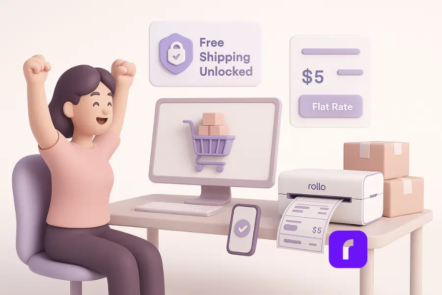 10 Ecommerce Shipping Mistakes You Need To Avoid Right Now 9 A minimalist 3D illustration of a small business owner at a pastel-themed desk celebrating as a customer’s online cart reaches a free-shipping threshold. A Rollo Wireless Printer prints shipping labels while floating UI panels display “Free Shipping Unlocked” and flat-rate shipping options, symbolizing how predictable shipping costs boost conversions.