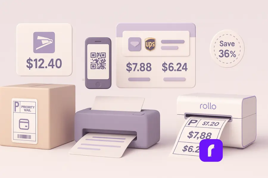 USPS Label Printing Tips You Need to Know for Better Results 3 3D illustration comparing USPS vs. Rollo Ship label cost savings for small businesses, featuring side-by-side parcel boxes and pricing panels. A USPS Priority Mail package is shown with a $12.40 retail rate, while Rollo Ship displays discounted rates of $7.88 for Priority Mail and $6.24 for Ground Advantage. The scene includes a Rollo wireless printer, 4×6 shipping labels, a floating savings badge ("Save 36%"), and a minimalist shipping dashboard with USPS and UPS icons, all styled in a soft pastel, modern 3D design.