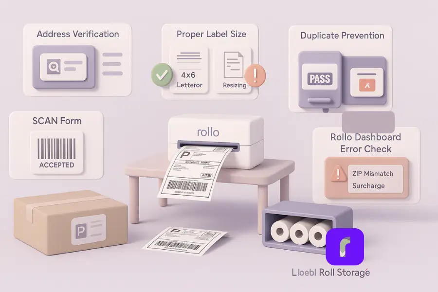 USPS Label Printing Tips You Need to Know for Better Results 5 3D illustration of a USPS label quality control checklist, designed in a soft pastel color palette with a minimalist layout. The scene includes seven key steps: address verification with a magnifying glass icon, proper label size comparison (4×6 thermal vs. letter paper), barcode clarity pass/fail, duplicate label alert, SCAN form labeled 'Accepted,' Rollo dashboard error check showing ZIP mismatch and surcharge, and neatly stored thermal label rolls in a drawer. A Rollo wireless printer prints a 4×6 label on a table, surrounded by packages and UI panels, highlighting best practices for preventing USPS label errors.