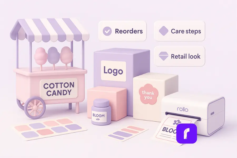 Print Custom Labels For Stunning New Packaging 8 Minimalist 3D illustration of a pastel pink cotton candy cart and boutique product boxes decorated with colorful custom labels, symbolizing how small businesses use labels to elevate branding and customer experience. Floating checklist panels highlight benefits like easy reorders, clear care instructions, and premium retail presentation, with a Rollo Wireless Printer and sticker sheets reinforcing the theme of custom label printing.
