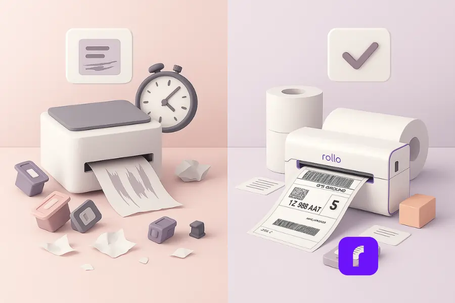 5 Secure Reasons an Inkless Portable Printer Saves A Fortune 1 3D illustration comparing traditional ink printers with cluttered cartridges and wasted paper versus the Rollo Wireless Printer with clean inkless thermal labels, symbolizing cost savings and efficiency.