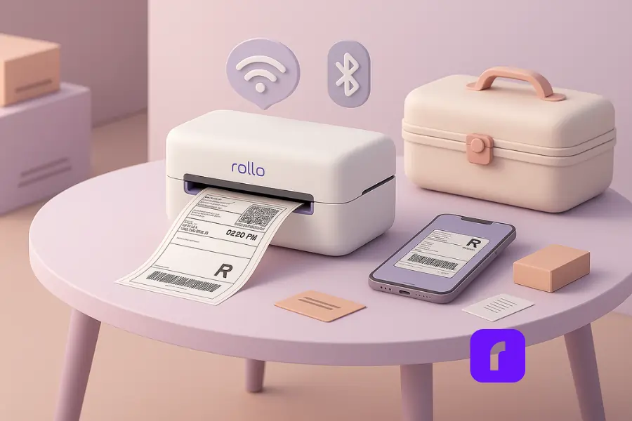 5 Secure Reasons an Inkless Portable Printer Saves A Fortune 2 Minimalist 3D illustration of a Rollo Wireless Label Printer on a pastel portable table at a pop-up market, printing a shipping label from a smartphone. A travel case and scattered packing supplies highlight portability, while floating Wi-Fi and Bluetooth icons symbolize seamless wireless connectivity for small business owners.