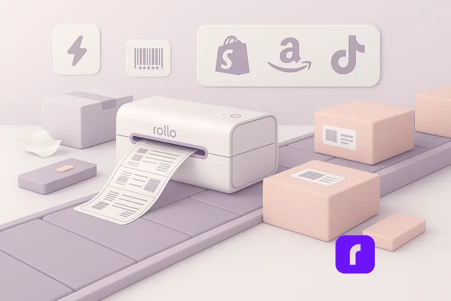 5 Secure Reasons an Inkless Portable Printer Saves A Fortune 3 A minimalist 3D illustration of a warehouse packer’s workstation featuring a Rollo Wireless Printer rapidly printing crisp shipping labels onto pastel-colored boxes on a conveyor belt. Floating icons—including a lightning bolt for speed, a barcode for scannability, and Shopify, Amazon, and TikTok Shop logos—symbolize fast, accurate, and connected order fulfillment. The pastel palette and clean geometric design emphasize workflow efficiency and modern e-commerce shipping solutions.