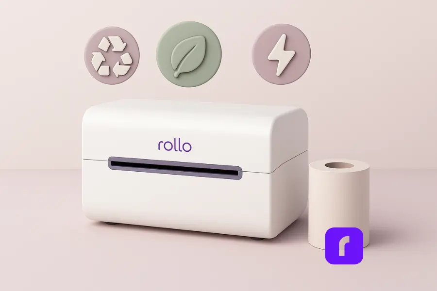 5 Secure Reasons an Inkless Portable Printer Saves A Fortune 4 Minimalist 3D illustration of a Rollo Wireless Printer on a pastel surface with a thermal paper roll beside it. Above the printer, eco-friendly icons—a recycling symbol, a green leaf, and a lightning bolt—float to represent sustainability, low maintenance, and energy efficiency.