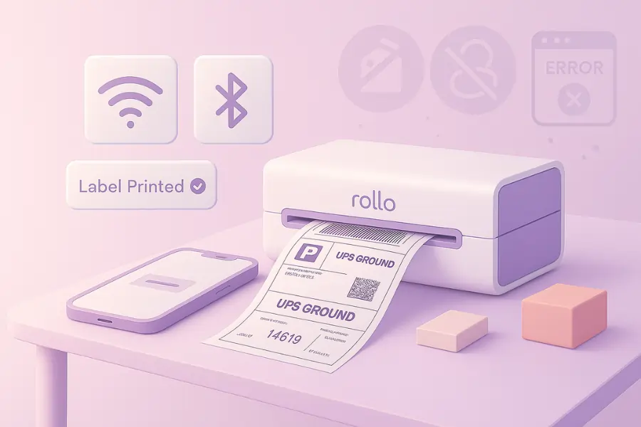 5 Secure Reasons an Inkless Portable Printer Saves A Fortune 5 Minimalist 3D illustration of a Rollo Wireless Printer paired with a smartphone, printing a crisp UPS Ground shipping label. Floating UI panels show Bluetooth/Wi-Fi icons and a ‘Label Printed ✓’ confirmation, while the clean pastel background symbolizes stress-free wireless setup and reliable thermal printing.
