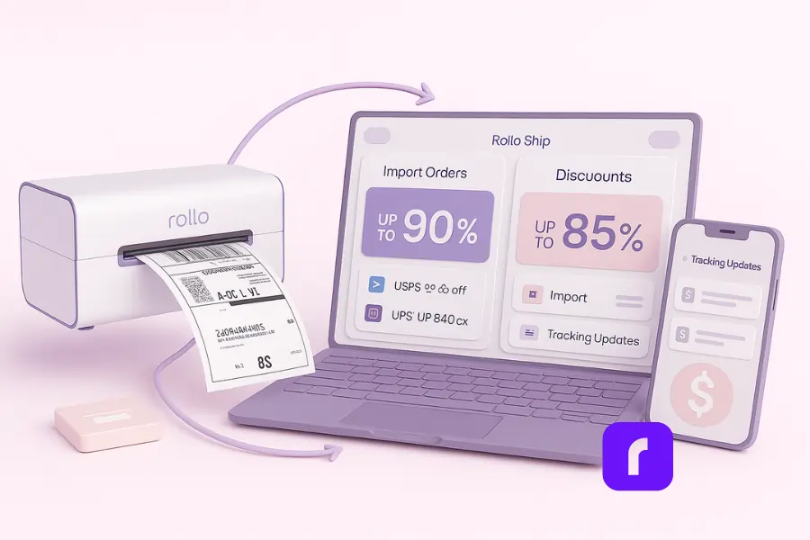 3D illustration of Rollo’s wireless thermal printer printing a crisp shipping label, connected to a laptop and phone displaying the Rollo Ship dashboard with USPS up to 90% off, UPS up to 85% off, order imports, and tracking updates. Soft pastel minimalist design emphasizes hardware and software synergy for streamlined shipping.