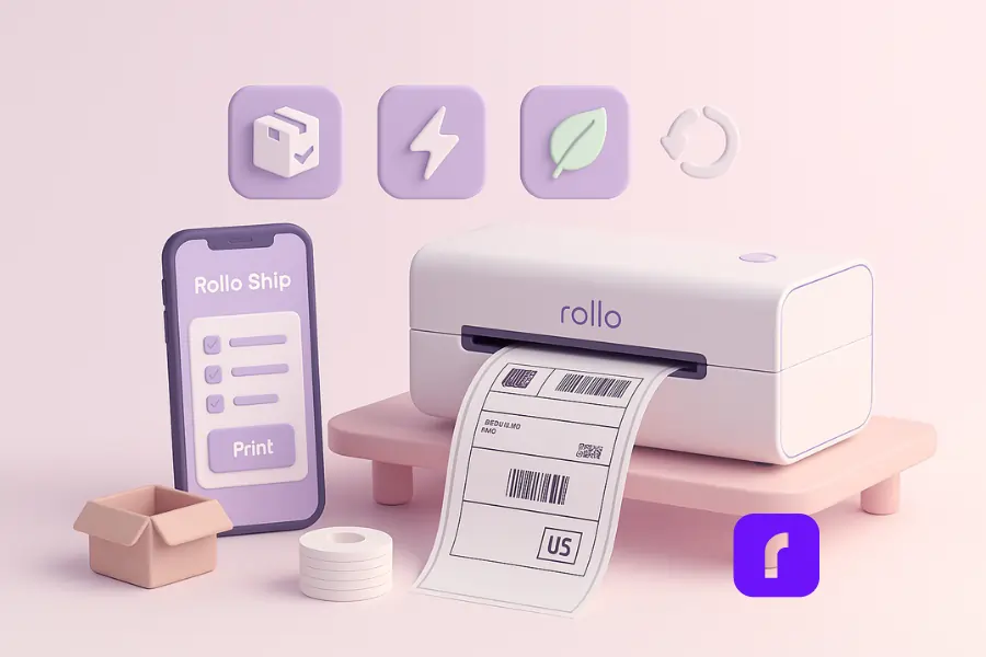 5 Secure Reasons an Inkless Portable Printer Saves A Fortune 7 Minimalist 3D illustration of a Rollo inkless portable printer beside eco-friendly shipping labels, connected to the Rollo Ship app on a smartphone, with floating pastel icons for batch orders, fast printing, eco-friendly use, and easy reloads, symbolizing a seamless order-to-label shipping workflow.