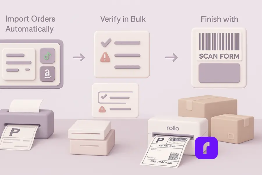 USPS Label Printing Tips You Need to Know for Better Results 4 3D illustration of an automated 4-step workflow for printing 100 shipping labels in 3 minutes, styled in soft pastel colors with a minimalist design. The image shows a sequence from left to right: importing orders automatically from platforms like Shopify, TikTok, and Amazon; bulk verification with checklist icons; high-speed batch printing using a Rollo wireless thermal printer; and finalizing with a SCAN form and labeled parcels. Clean UI panels, shipping labels, and boxes emphasize speed, accuracy, and automation in USPS label printing.