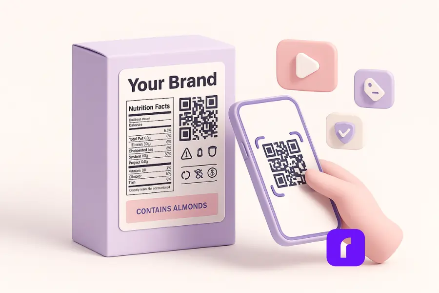 Minimalist 3D illustration of a sleek product package with a stylish personalized label, showing nutrition facts, safety icons, allergy warning, and a QR code being scanned by a smartphone, with floating icons for tutorials, coupons, and authenticity verification, alongside a Rollo Wireless Printer.